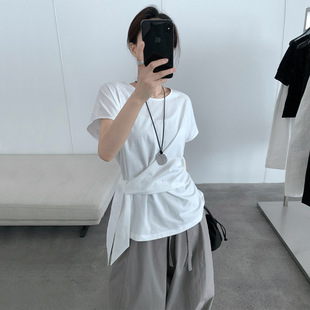 侧绑带收腰上衣24984 简约设计净版 百搭圆领T恤女2025夏季 新款