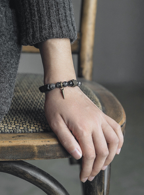 非鱼之家民族风个性肌理黑檀木混黑发晶手串女 复古潮男手链饰品