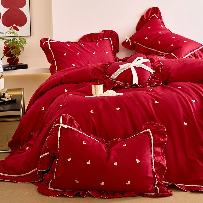 优选刺绣小爱心婚庆四件套全棉100支长绒棉红色花边结婚被套床单