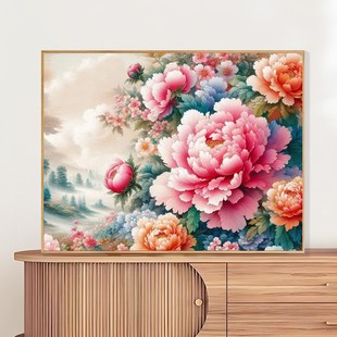 优选新中式装饰画diy数字油画牡丹花卉填充油彩画填色丙烯画手工