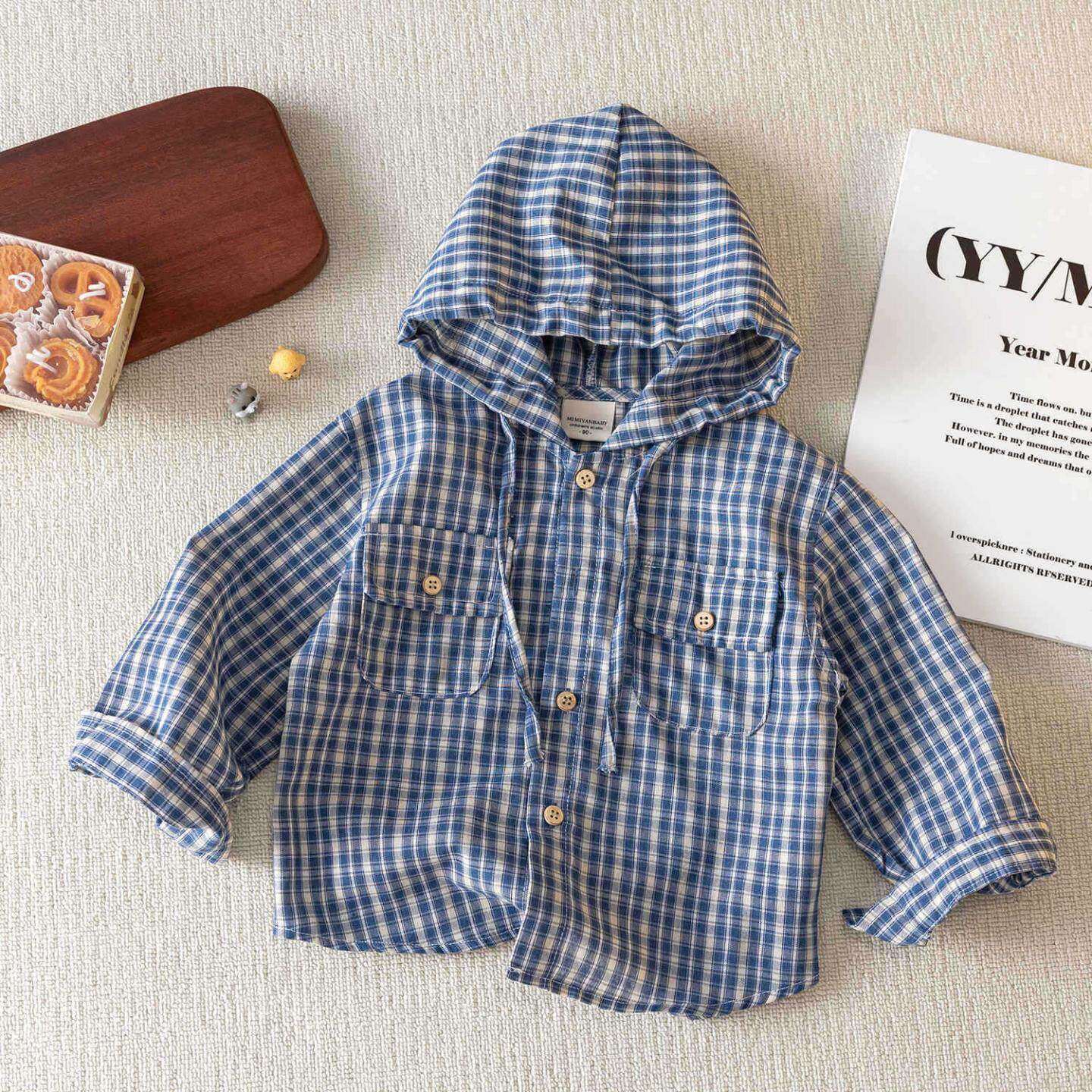 儿童连帽外套2025春秋新款男童休闲上衣潮宝宝格子连帽衬衫女洋气