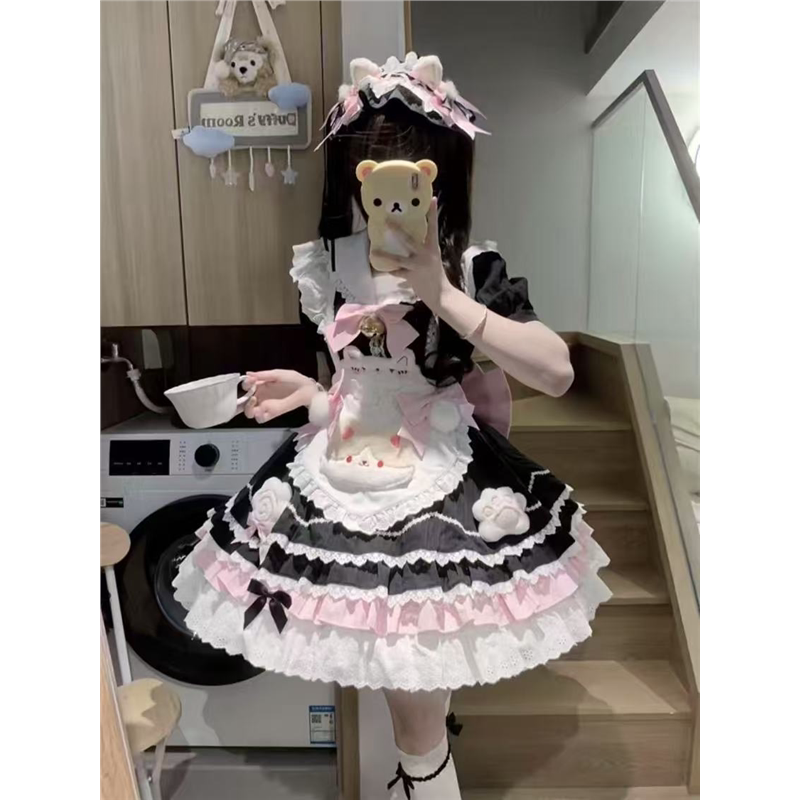 甜美可爱黑色系新款洛丽塔蝴蝶结蕾丝连衣裙爱心小猫围裙两件套女