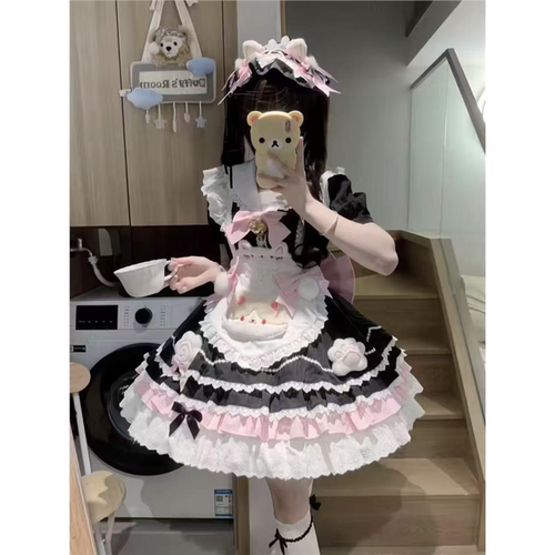 甜美可爱黑色系新款洛丽塔蝴蝶结蕾丝连衣裙爱心小猫围裙两件套女