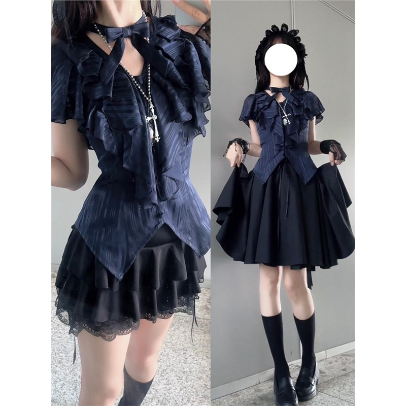 沉睡魔女 夏季哥特暗黑Lolita复古蓝血荷叶边收腰衬衫短裙两件套