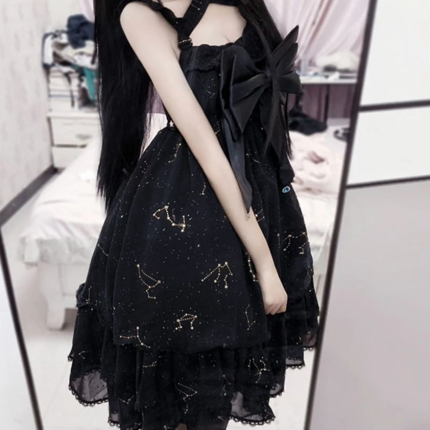 黑贝壳烫金星座蝴蝶结设计日常lolita裙黑色连衣裙2026夏季女现货