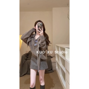 韩系冷淡两件套冬装针织衫毛衣棉服保暖外套短裙包臀半身裙套装女