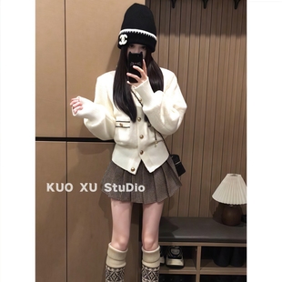 女 外套上衣复古格纹半身裙百褶短裙套装 秋冬穿搭韩系短款 针织开衫