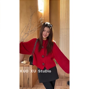 外套高腰包臀短裙半身裙女 毛衣开衫 超好看深冬装 一整套红色针织衫