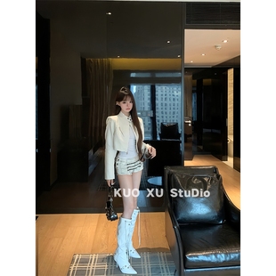 子套装 热裤 机车夹克辣妹低腰休闲短裤 早秋休闲白色皮衣外套女短款