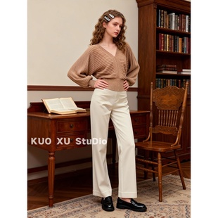 冬装韩系穿搭一整套气质V领软糯毛衣套头针织衫高腰休闲直筒裤女