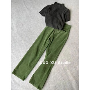 套装 上衣复古绿色灯芯绒裤 女 短袖 早秋初春穿搭一整套半高领针织衫