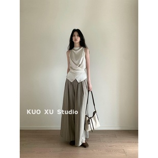 上衣休闲高腰宽松条纹阔腿裤 一整套穿搭套装 交叉绑带收腰背心无袖