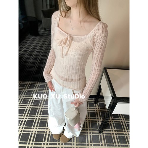 【送运费险】ootd粉色镂空针织衫