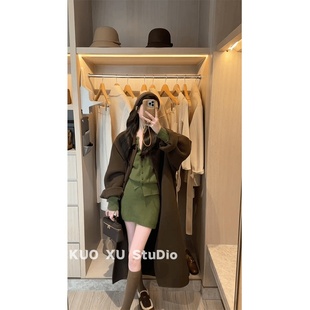 女 短裙包臀裙套装 ootd秋冬穿搭韩系绿色v领针织衫 超好看毛衣修身