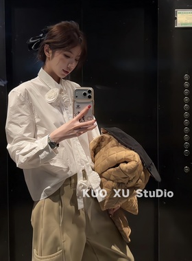 韩系冷淡两件套冬装立体花朵白色衬衫泡泡袖衬衣高腰休闲阔腿裤女