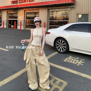 直筒阔腿裤 上衣高腰宽松显瘦工装 一整套甜辣背心无袖 辣妹穿搭套装
