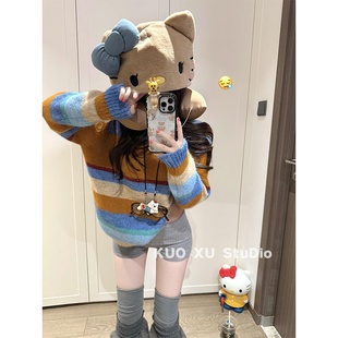 女 针织短裤 韩系一整套深冬穿搭条纹针织衫 毛衣圆领上衣灰色休闲裤