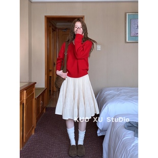 巨好看冬装套装韩系红色V领针织衫套头毛衣高腰伞裙蛋糕半身裙女
