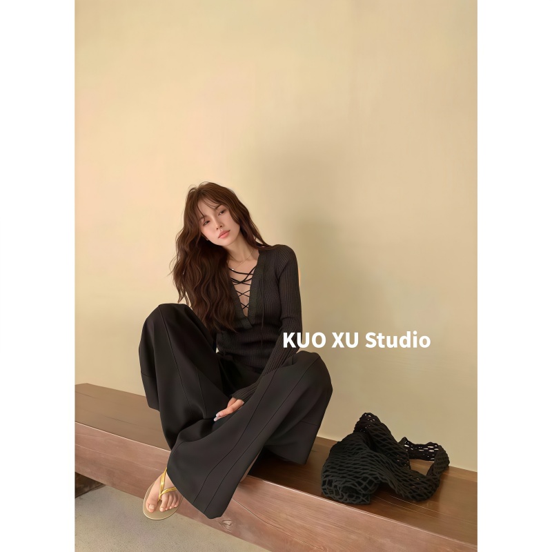 秋冬设计感深V绑带长袖黑色上衣高腰显瘦阔腿裤休闲西装裤套装女