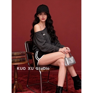 套装 短裤 女 复古斜肩卫衣宽松慵懒套头上衣休闲运动裤 秋冬穿搭美式