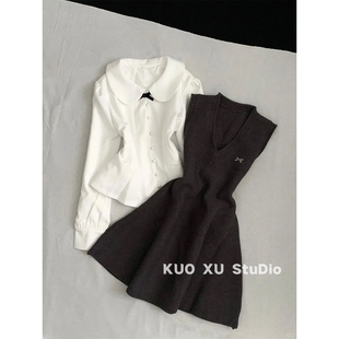 巨好看冬装 一整套裙掐腰显瘦衬衣白色上衣软糯收腰针织裙连衣裙女