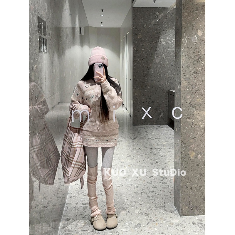 秋冬穿搭费尔岛针织衫毛衣翻领开衫外套高腰包臀短裙半身裙套装女