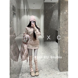 女 外套高腰包臀短裙半身裙套装 秋冬穿搭费尔岛针织衫 毛衣翻领开衫