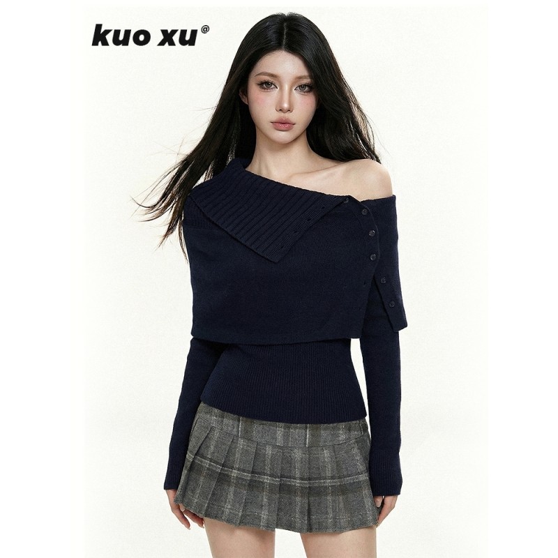 套装女装冬韩系辣妹斗篷披肩针织毛衣长袖打底上衣高腰短裙百褶裙