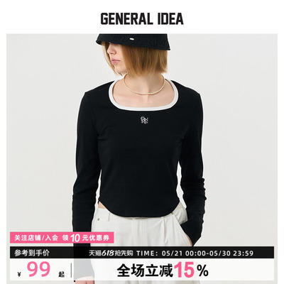 GENERAL IDEA BY BUMSUK撞色方领刺绣正肩长袖T恤打底衫上衣女士