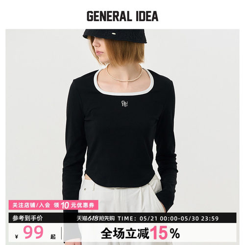 GENERAL IDEA BY BUMSUK撞色方领刺绣正肩长袖T恤打底衫上衣女士