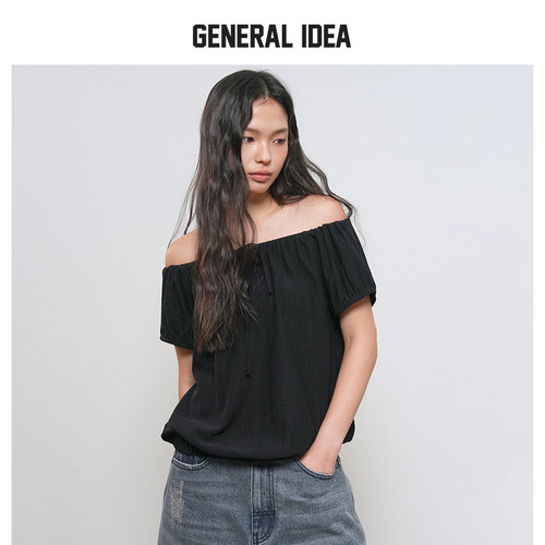 GENERAL IDEA BY BUMSUK初夏女士绞花针织一字肩袖褶收腰休闲上衣