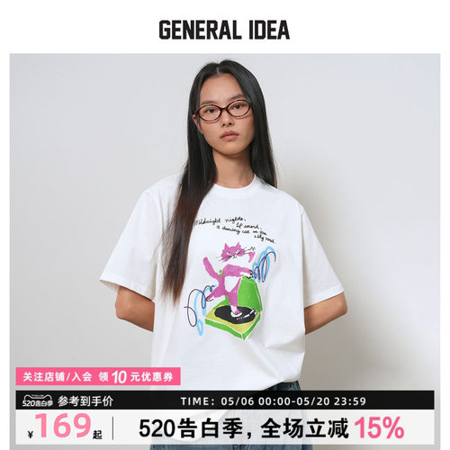 GENERAL IDEA BY BUMSUK初夏猫咪趣味涂鸦宽松落肩情侣短袖T恤女