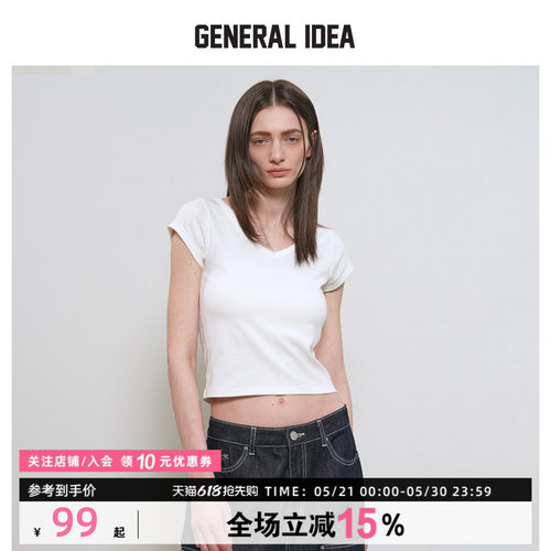 GENERAL IDEA BY BUMSUK夏季休闲修身V领短款露脐显瘦短袖T恤女
