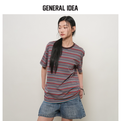 GENERAL IDEA BY BUMSUK多色条纹五分短袖T恤圆领宽松男女同款