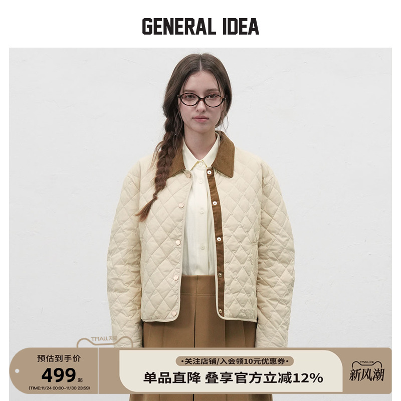GENERAL IDEA BY BUMSUK复古米白菱格纹灯芯绒拼接夹克棉服外套女