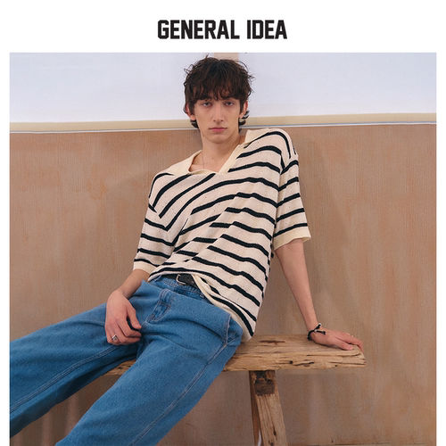 GENERAL IDEA BY BUMSUK男女同款夏季宽松休闲翻领条纹针织衫短袖