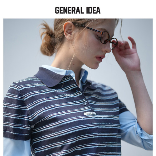 GENERAL IDEA BY BUMSUK圈圈纱翻领条纹短袖t恤女polo针织衫上衣