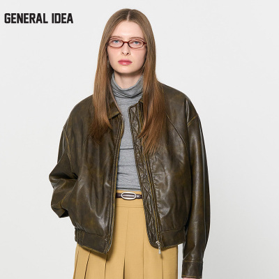 【NCT同款】GENERAL IDEA复古擦色老爹夹棉皮衣宽松夹克外套秋款
