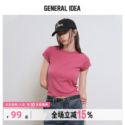 GENERAL IDEA BY BUMSUK夏季女士基础款纯色圆领短袖正肩休闲T恤