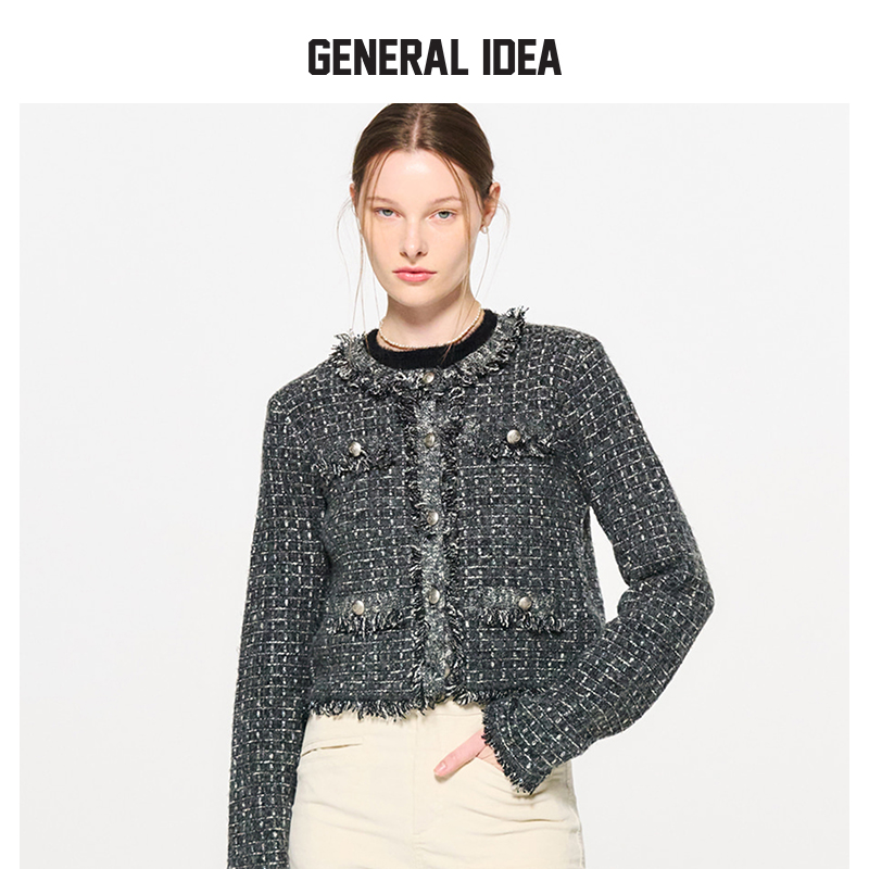 GENERAL IDEA BY BUMSUK拼接毛边圆领粗花呢编织小香风外套女士秋