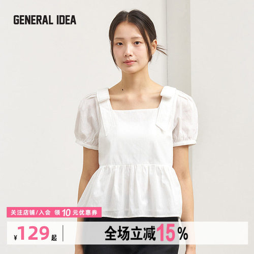 GENERAL IDEA新款法式双肩蝴蝶结泡泡袖短袖上衣方领甜美衬衫女士