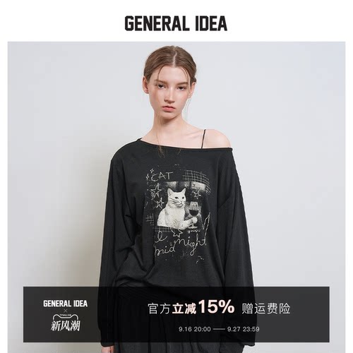 GENERAL IDEA BY BUMSUK 韩国正品 猫咪斜肩圆领T恤长袖休闲女