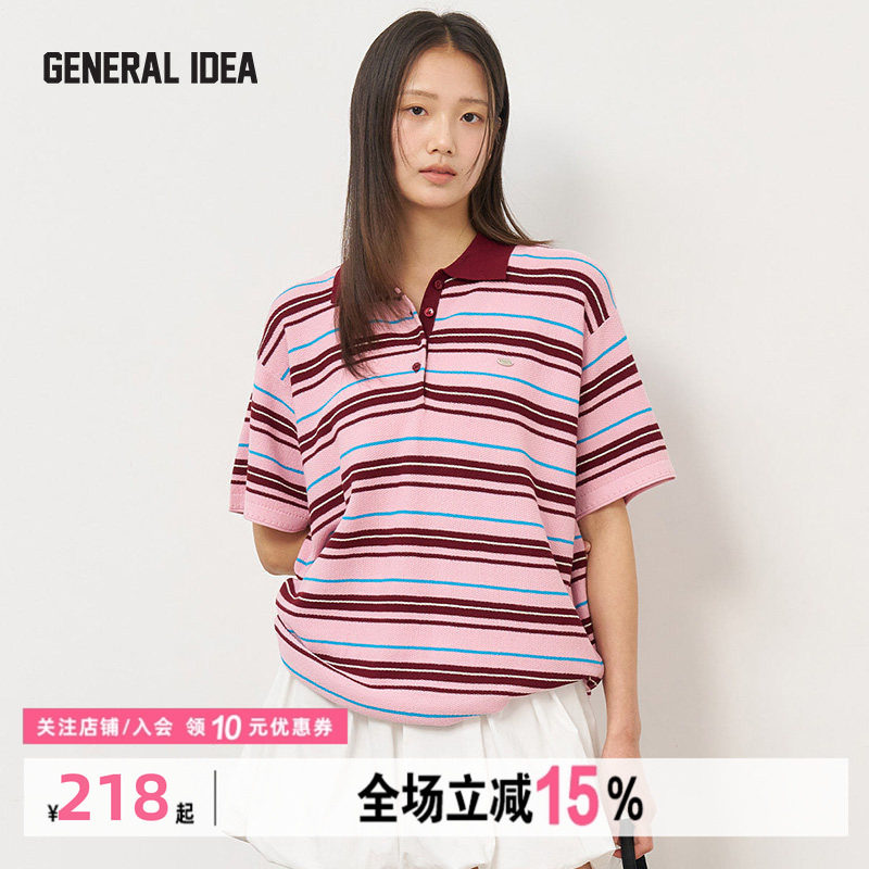 GENERAL IDEA BY BUMSUK新款复古配色条纹polo短袖T恤宽松休闲女