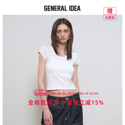 GENERAL IDEA BY BUMSUK 韩国正品 休闲V领短款露脐显瘦短袖T恤女
