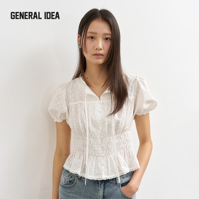 GENERAL IDEA新款法式宫廷风v领泡泡袖衬衣短袖设计感收腰上衣女