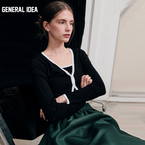 GENERAL IDEA BY BUMSUK撞色花边蕾丝V领开衫女士长袖外套上衣