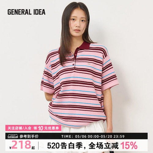 GENERAL IDEA BY BUMSUK新款复古配色条纹polo短袖T恤宽松休闲女