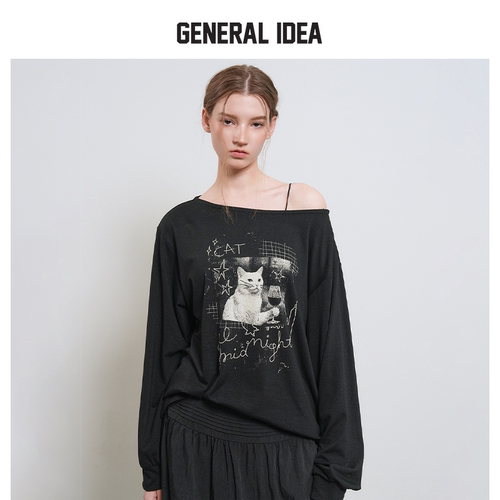 GENERAL IDEA BY BUMSUK时尚猫咪印花斜肩圆领T恤长袖休闲上衣女