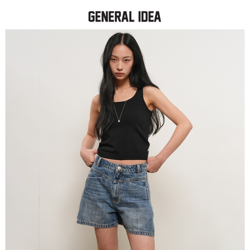 GENERAL IDEA BY BUMSUK女士夏季单褶宽松A字牛仔短裤休闲直筒裤