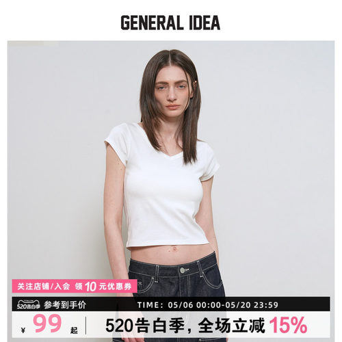 GENERAL IDEA BY BUMSUK夏季休闲修身V领短款露脐显瘦短袖T恤女